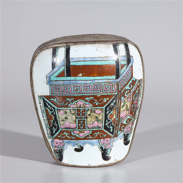 Appraisal: Chinese metalwork box with famille rose enameled porcelain lid overall