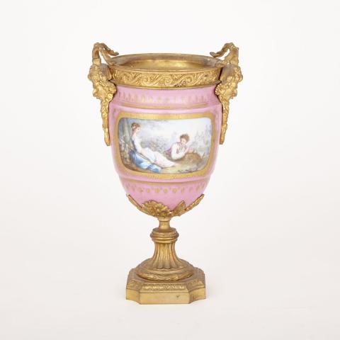 Appraisal: Ormolu Mounted French Porcelain S vres-Style Pink Ground Vase late