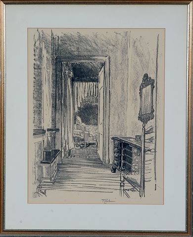 Appraisal: Interior corridor scene black and white lithograph x sight signed