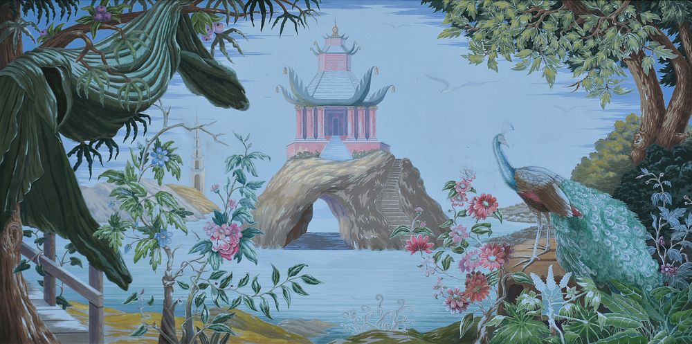 Appraisal: A CHINOISERIE PEACOCK AND PAGODA FAUX WALLPAPER PANEL TH CENTURY