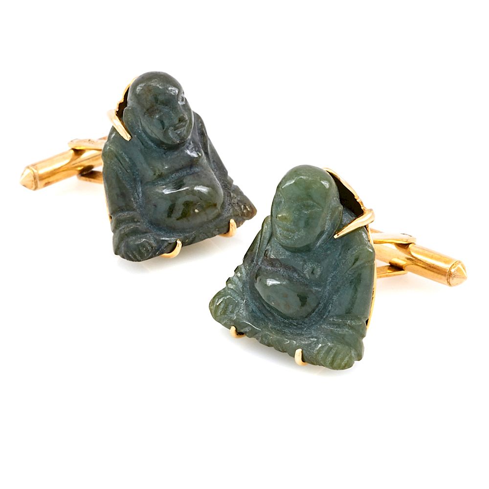 Appraisal: k Yellow gold jade buddha cufflinks k Yellow gold and