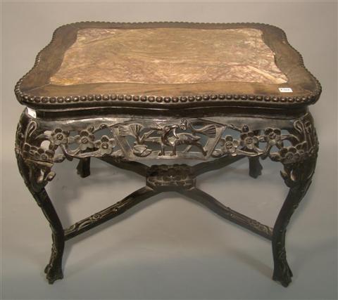 Appraisal: CHINESE CARVED LOW TABLE WITH MARBLE TOP the rectangular top