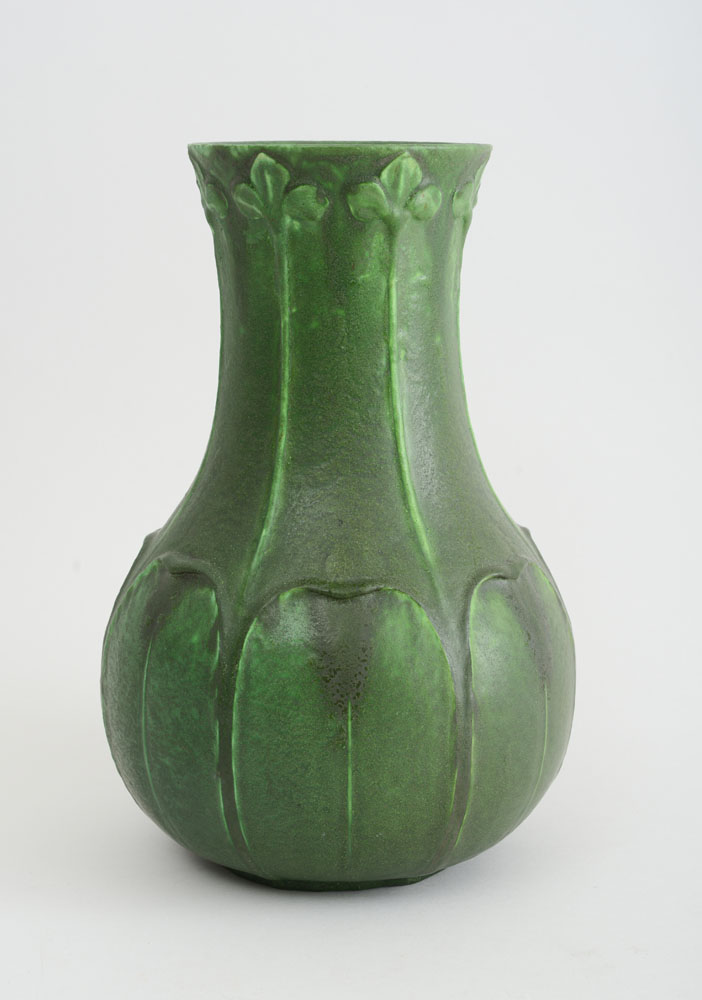 Appraisal: GRUEBY GREEN-GLAZED POTTERY BULBOUS VASE BY WILHEMINA POST Impressed 'Gruely