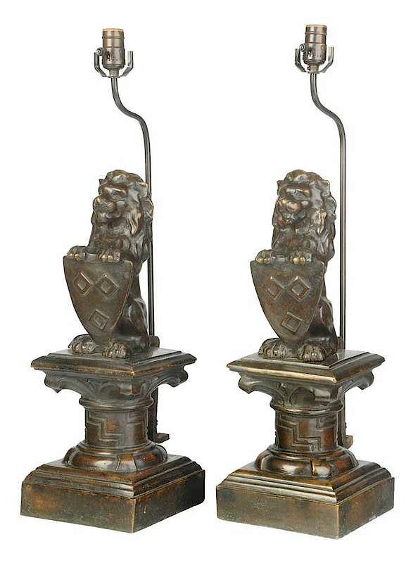 Appraisal: Pair Bronze Heraldic Lion Lamps probably British th th century