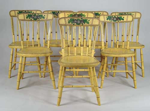 Appraisal: SET OF EIGHT NEW ENGLAND MUSTARD PAINTED DECORATED WINDSOR CHAIRS