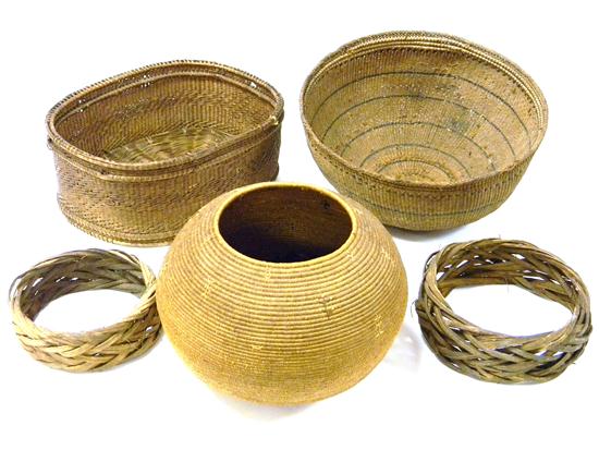 Appraisal: Collection of baskets including Indian style woven basket circa African