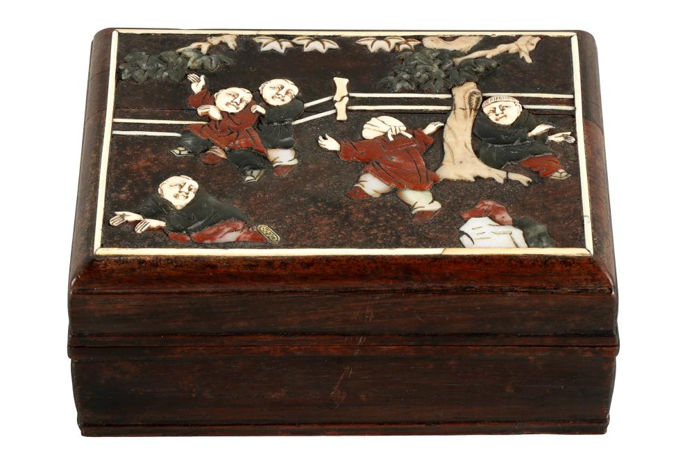 Appraisal: CHINESE LACQUERED MOTHER-OF-PEARL COVERED BOXdepicting figures in a garden x