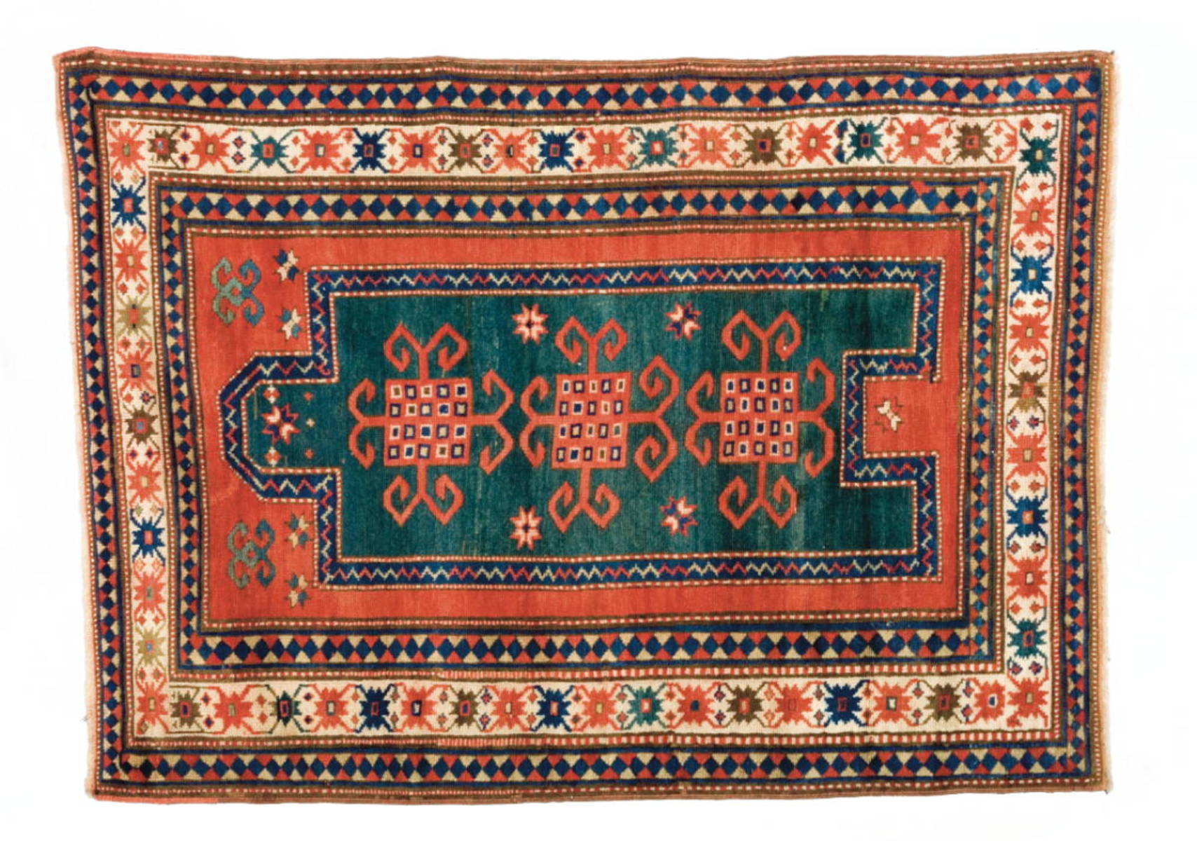 Appraisal: KARACHOPT KAZAK PRAYER RUG CIRCA The green mihrab with three