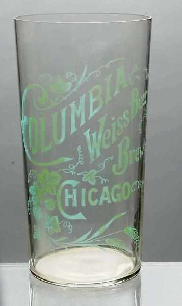 Appraisal: Columbia Weiss Acid-Etched Beer Glass Green lettering Some light wear