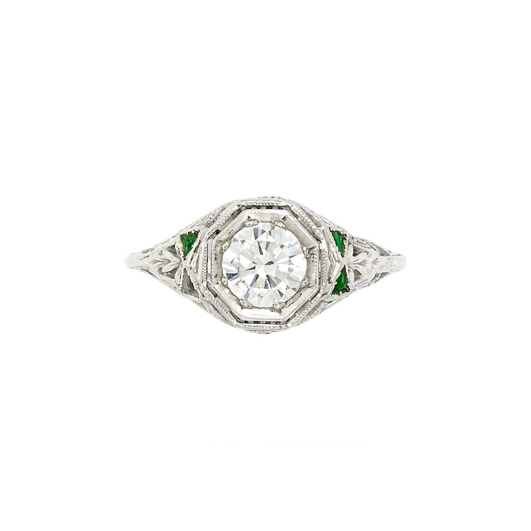 Appraisal: White Gold Diamond and Simulated Emerald Ring One round diamond