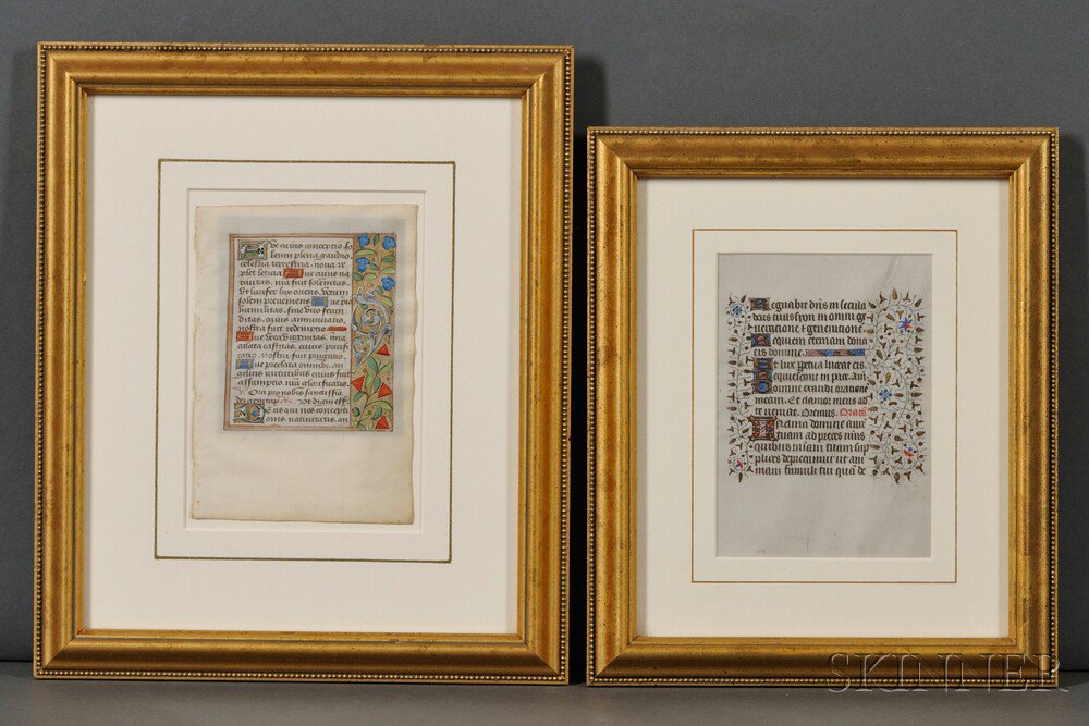 Appraisal: Manuscript Leaves France Mid- th Century Two Framed Two parchment