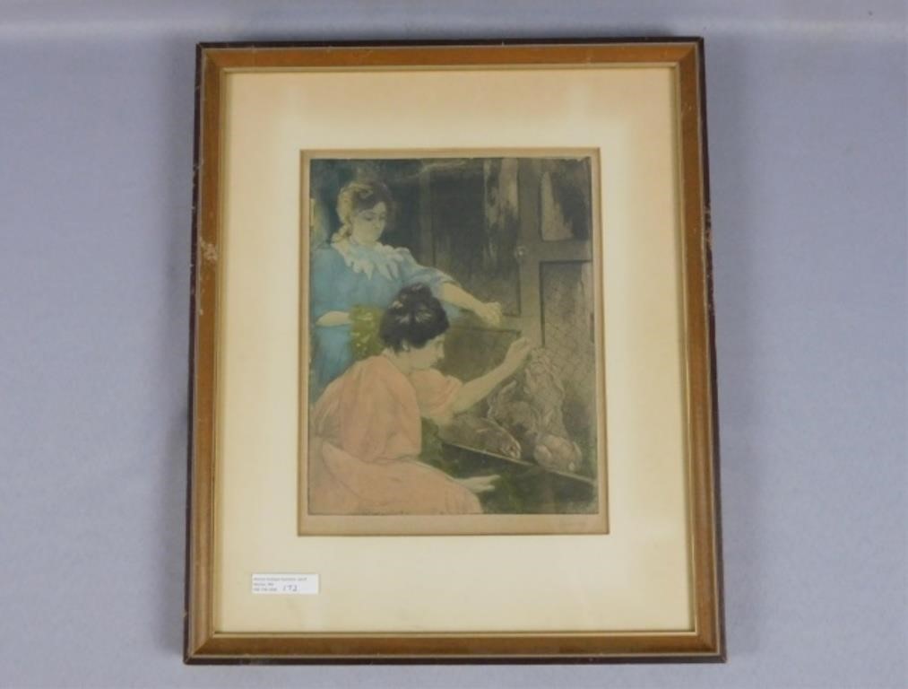 Appraisal: CHARLES MAURIN - FRANCE TWO WOMENFeeding Rabbits hand colored etching