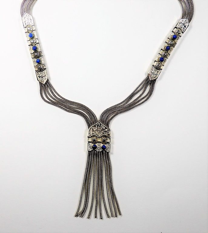 Appraisal: Turkish Moorish Sterling Silver Lapis Necklace Turkey th Century Multi-strand