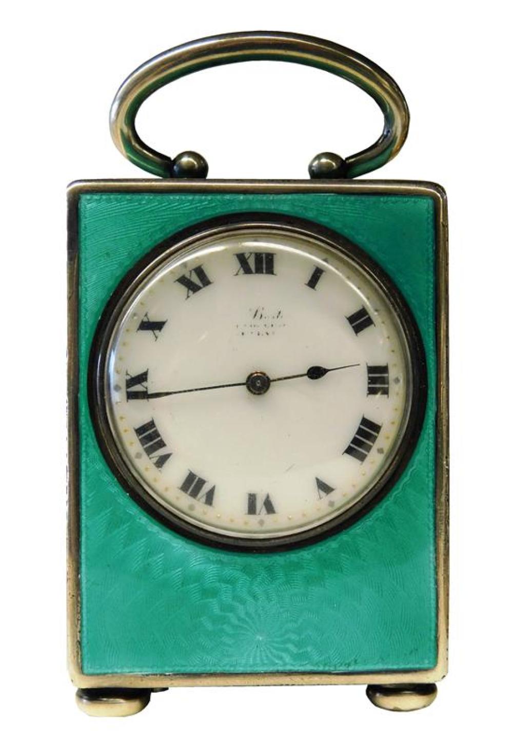 Appraisal: CLOCK Guilloche enameled carriage style clock swing handle turquoise enamel