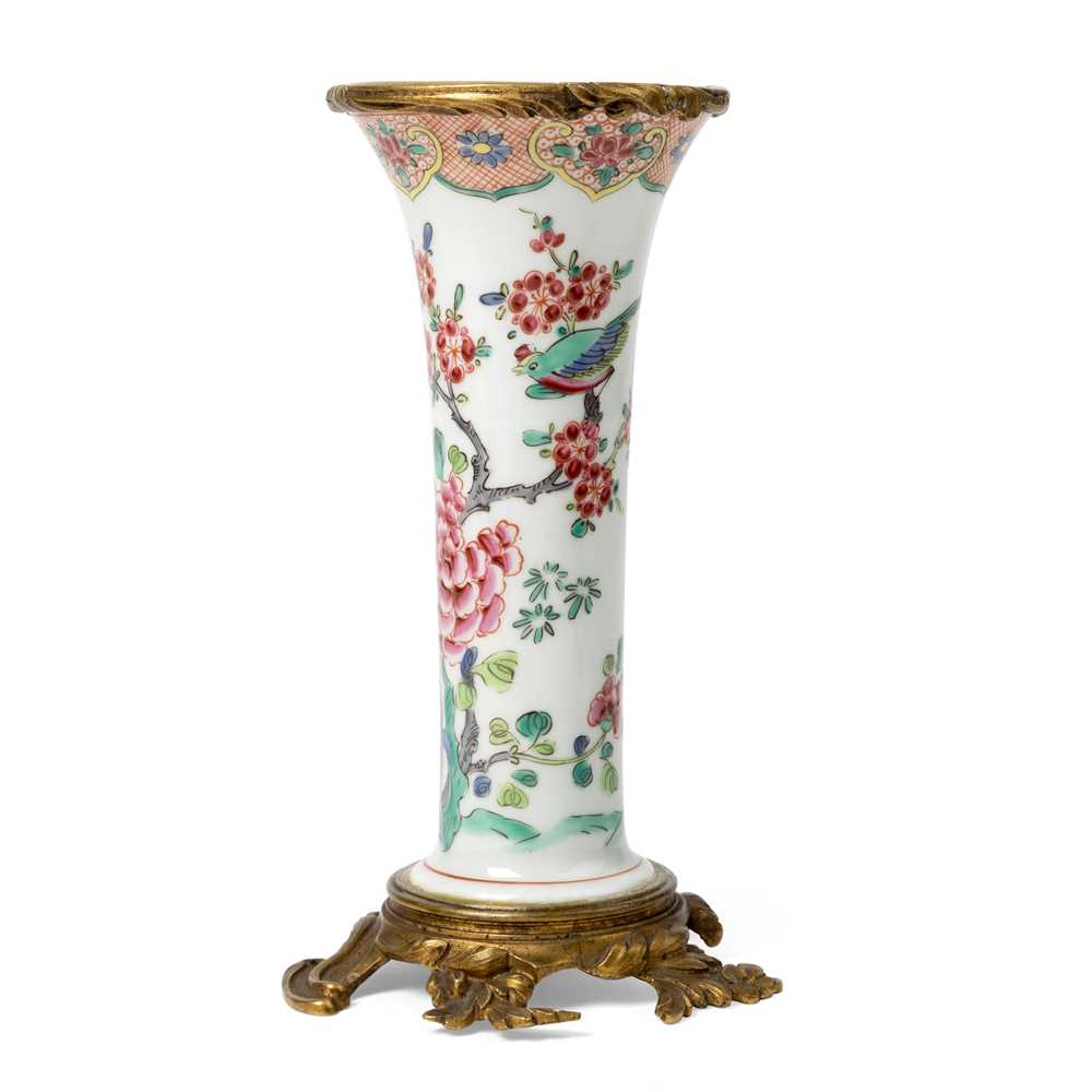 Appraisal: ORMOLU-MOUNTED FAMILLE ROSE BEAKER VASE QING DYNASTY TH CENTURY elegantly