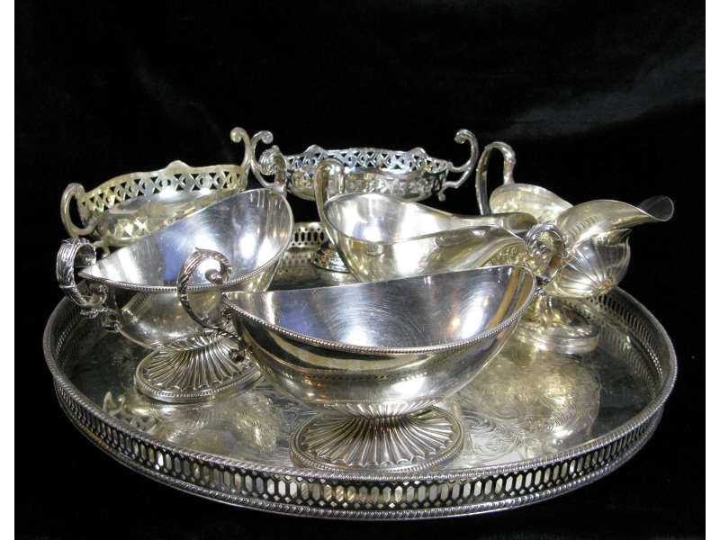 Appraisal: Silverplate Gallery Tray and Servers very nice circular tray with