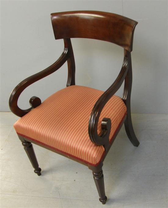 Appraisal: Regency mahogany bar back armchair with scrolled arms and upholstered