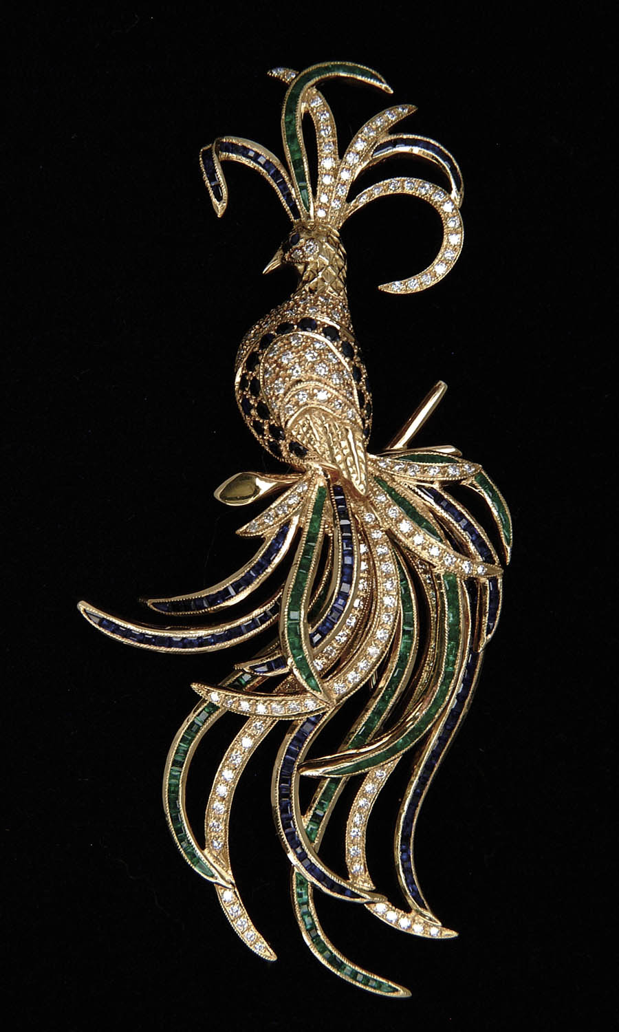 Appraisal: DIAMOND SAPPHIRE AND EMERALD BROOCH Beautiful kt yellow gold brooch