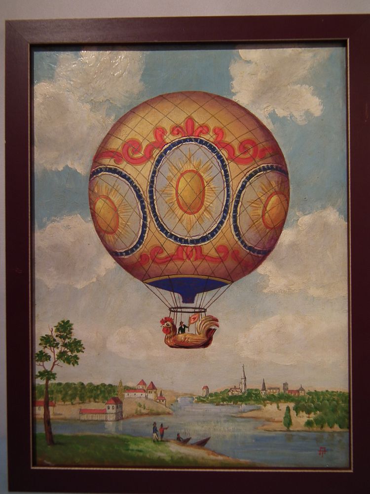 Appraisal: HOT AIR BALLOON PAINTING Whimsical vintage oil painting on wood