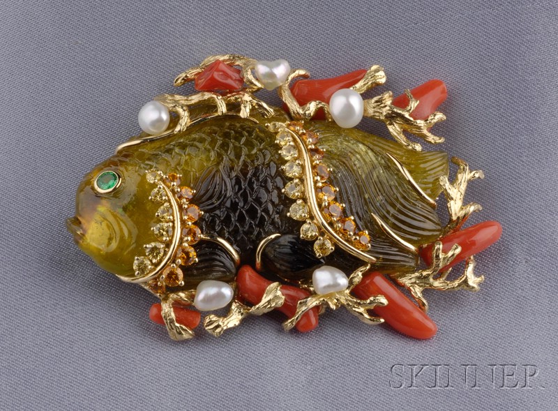 Appraisal: kt Gold and Carved Peridot Gem-set Tropical Fish Brooch Seaman