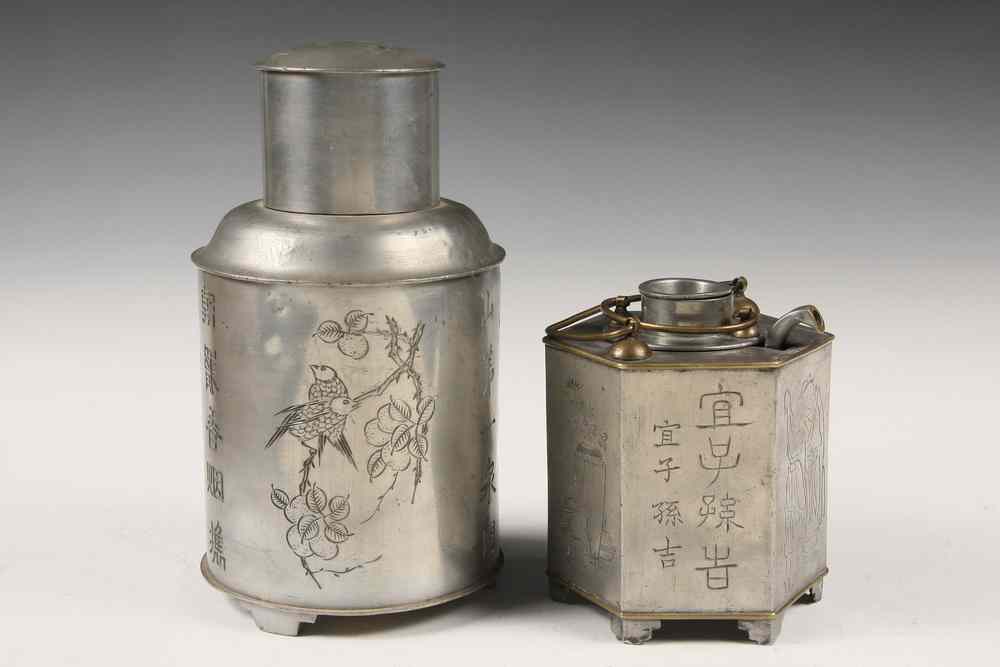 Appraisal: CHINESE PEWTER TEA CANISTERS - Two th c Chinese Pewter