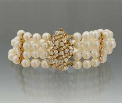 Appraisal: A Ladies' Cultured Pearl and Diamond Clasp Bracelet k yellow