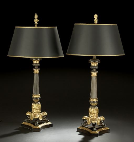 Appraisal: Elegant Pair of French Brass Tripodal Table Lamps of columnar