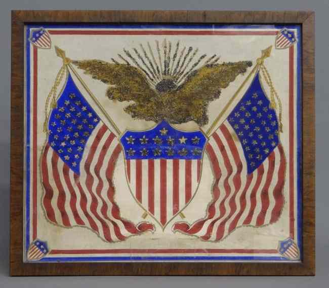 Appraisal: Early eagle with shield and flags patriotic painting Site ''