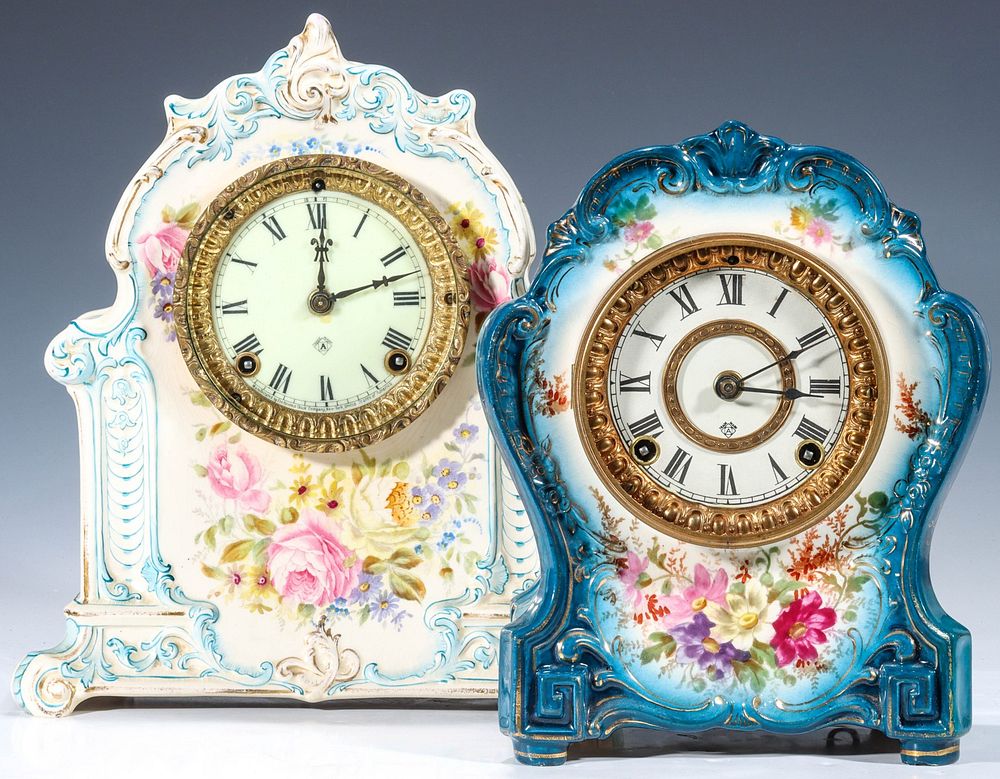 Appraisal: TWO NICE BLUE AND WHITE ROYAL BONN CASE ANSONIA CLOCKS