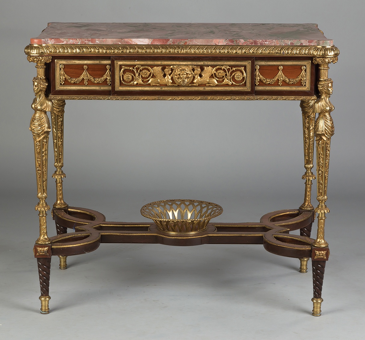 Appraisal: French Style Mahogany and Gilt Bronze Side Table with Drawer