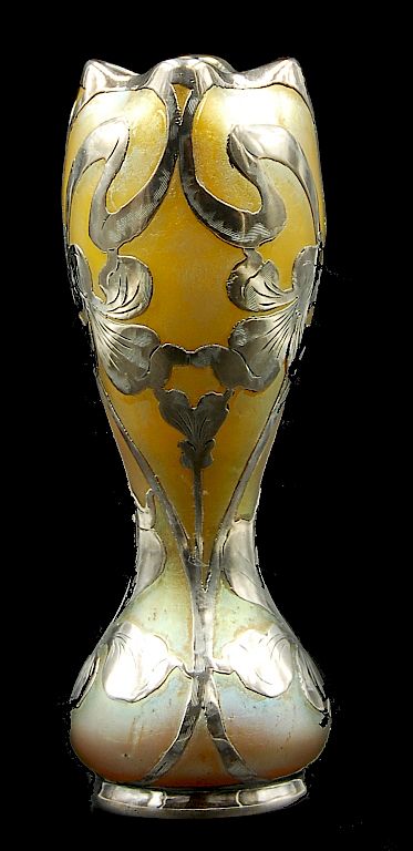 Appraisal: Loetz Silver Overlay Art Glass Vase Loetz Silver Overlay Art