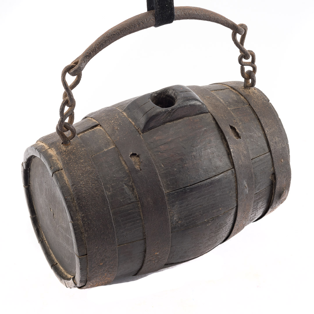 Appraisal: Miniature wood and wrought iron liquor cask th century wood