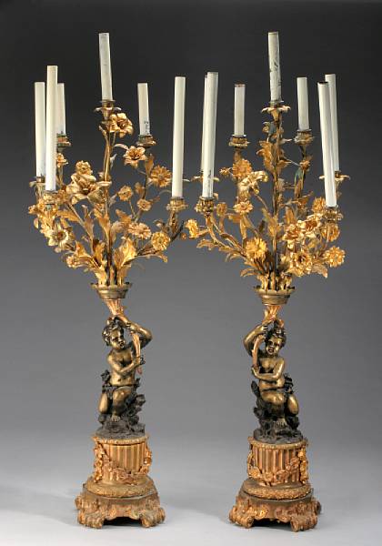 Appraisal: A pair of Louis XV style gilt and patinated bronze