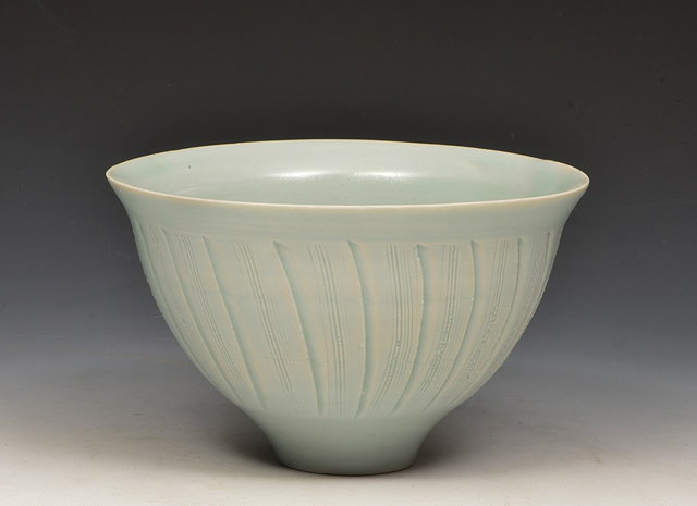 Appraisal: David Leach British - Bowlpale celadon glaze over fluted bodyimpressed