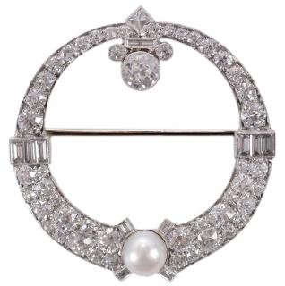 Appraisal: Platinum Diamond Pearl Brooch vintage circle brooch featuring one old