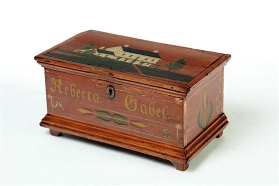 Appraisal: MINIATURE DECORATED BLANKET CHEST American th century pine Original salmon