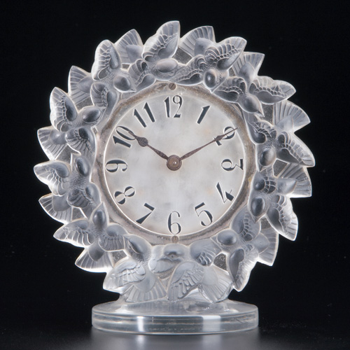 Appraisal: R LALIQUE Clock Roitelets clear and frosted with black enamel