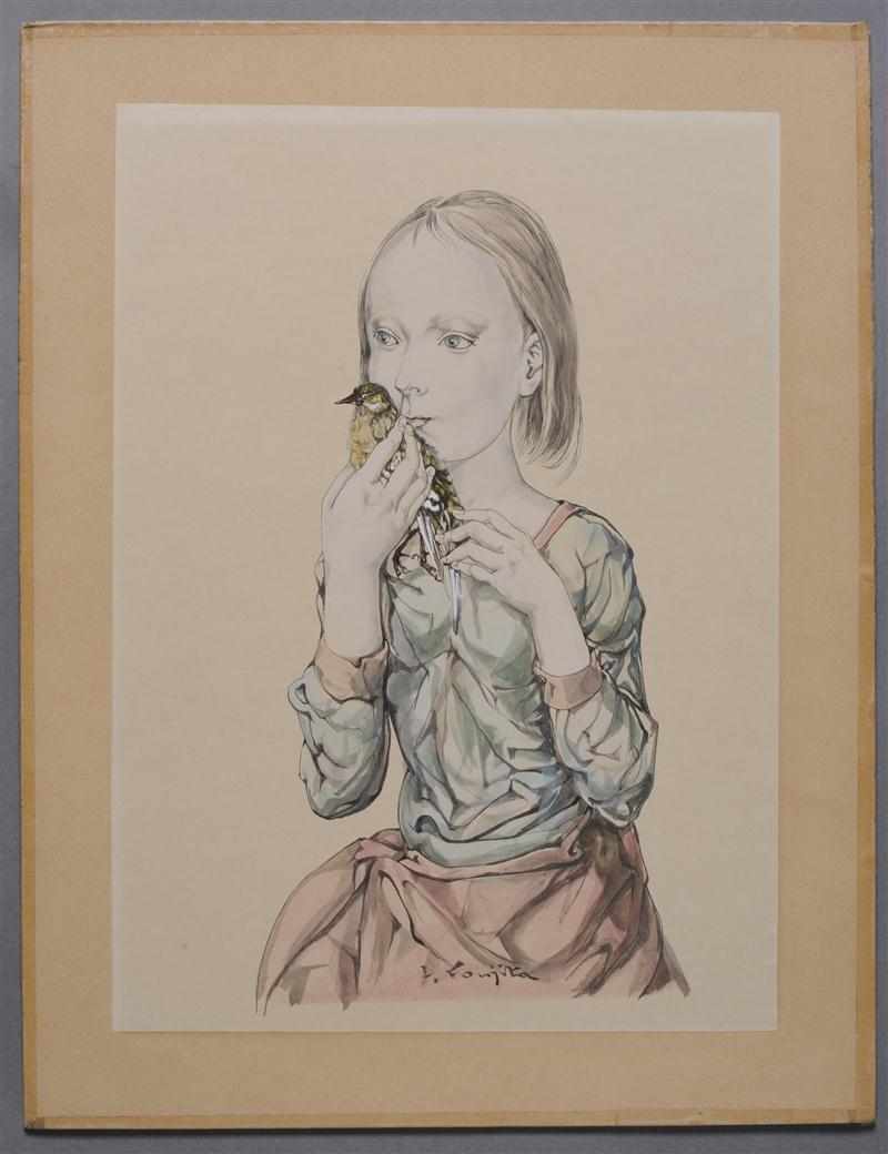 Appraisal: TSUGUHARU FOUJITA - YOUNG GIRL WITH BIRD Collotype in colors