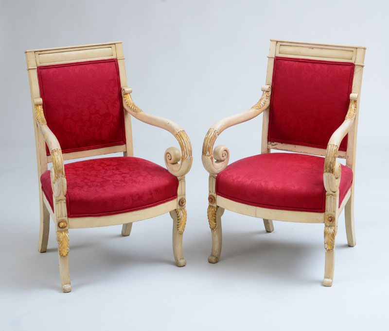 Appraisal: PAIR OF LATE EMPIRE STYLE PAINTED AND PARCEL-GILT FAUTEUILS LA