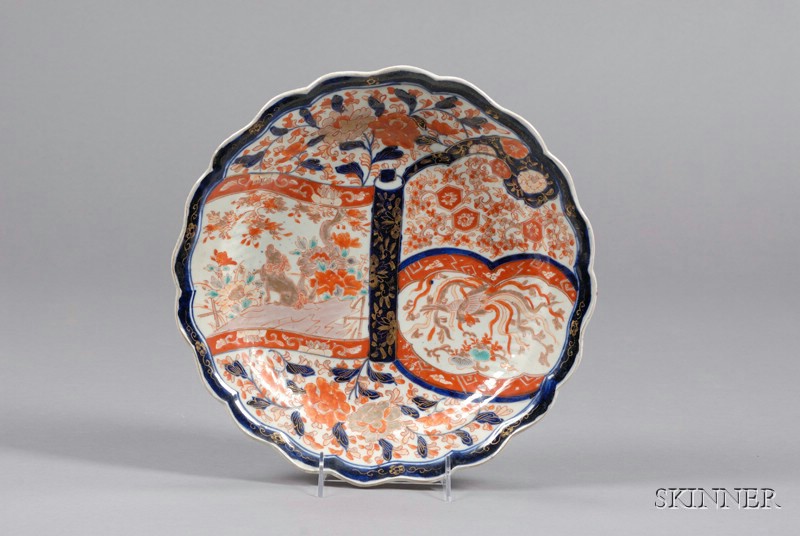 Appraisal: Imari Porcelain Dish Japanese th century scalloped rim polychrome enamel