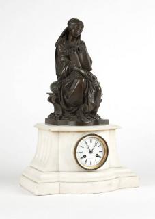 Appraisal: A marble and patinated bronze figural mantle clock Circa -