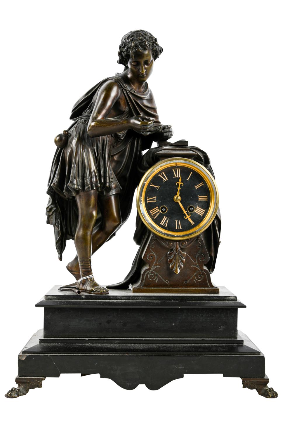 Appraisal: FIGURAL SLATE MANTEL CLOCKslate and bronze inches wide inches deep