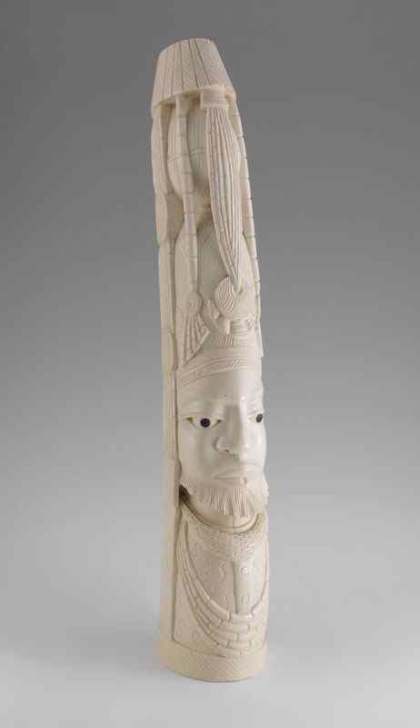 Appraisal: LARGE CARVED AFRICAN IVORY TUSK Carved figural tribal chieftain ''