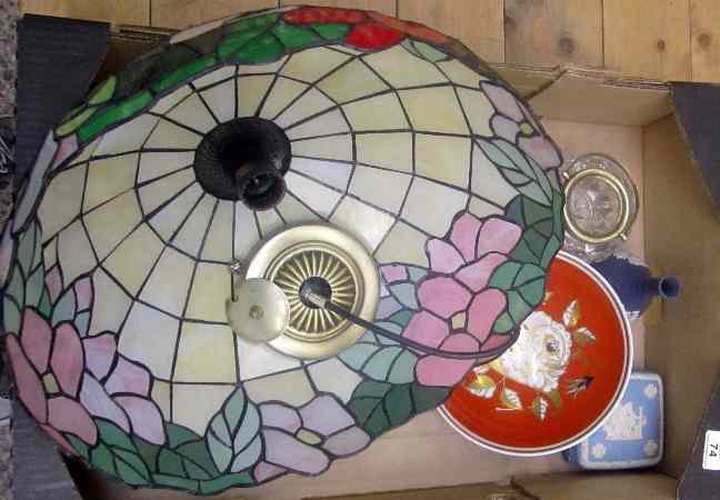 Appraisal: A Tray including a Large Tiffany Style Glass Ceiling Light