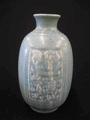 Appraisal: Rookwood Pottery Vase elaborate carved floral panels blue shape ''