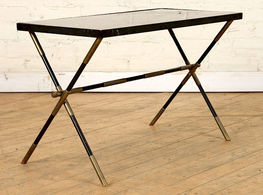 Appraisal: BLACK GLASS TOP SIDE TABLE STYLE OF JACQUES ADNET A