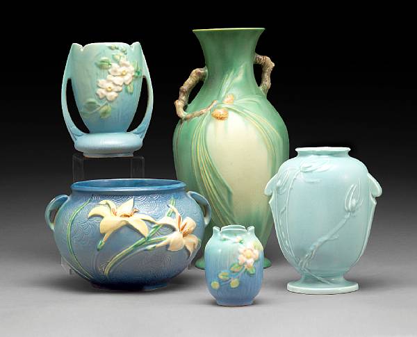 Appraisal: A group of five Roseville glazed earthenware vases s Models