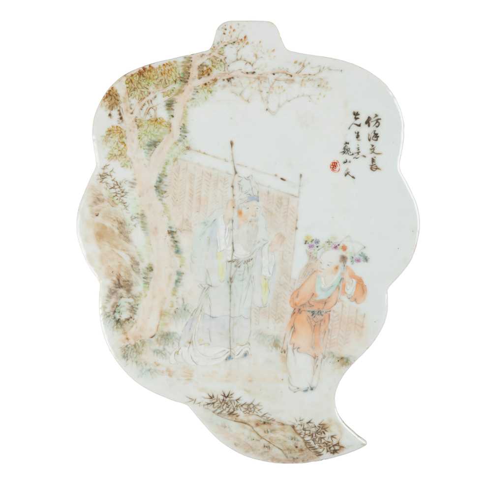 Appraisal: QIANJIANG ENAMELLED LEAF-FORM PORCELAIN PLAQUE TH- TH CENTURY painted with