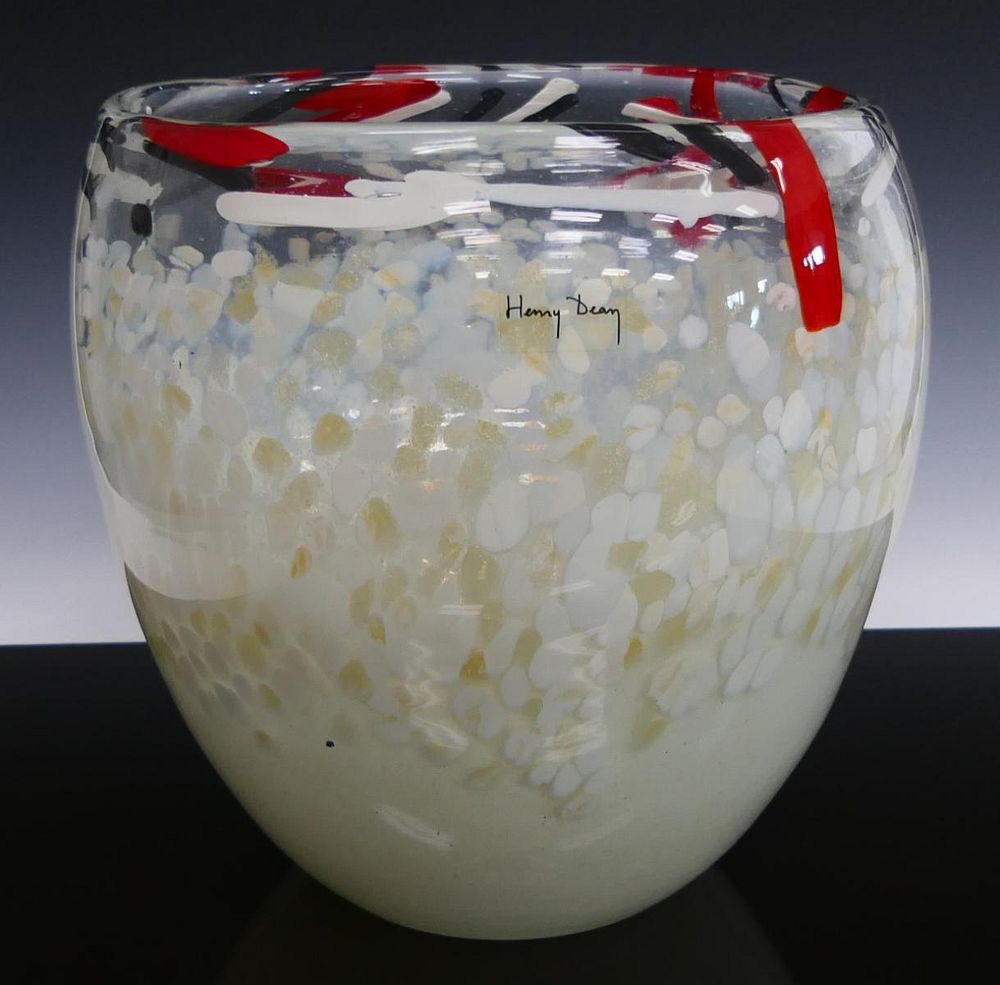 Appraisal: LARGE SIGNED HENRY DEAN ART GLASS VASE Measures in height