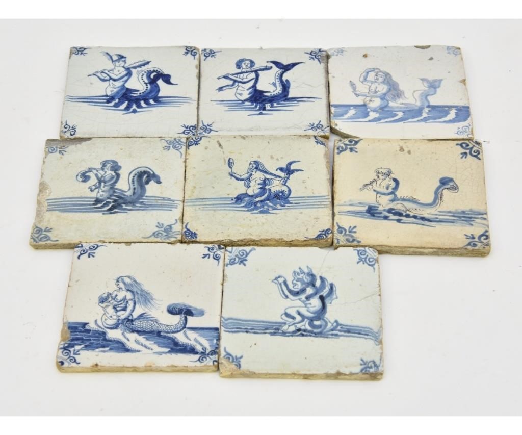 Appraisal: Eight rare Delft mermaid and merman tiles all probably th